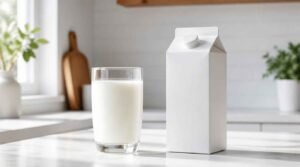 Perbandingan susu sapi murni segar dan susu UHT kemasan di atas meja