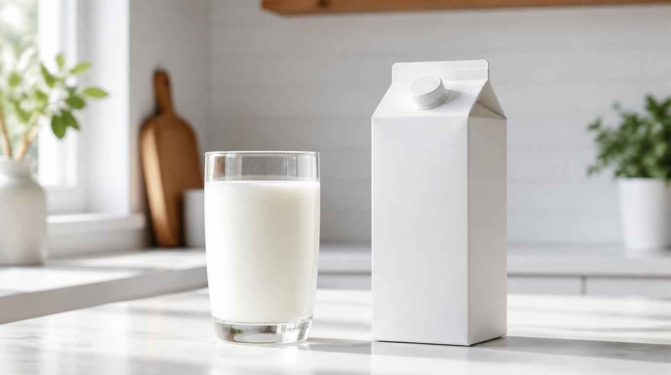 Perbandingan susu sapi murni segar dan susu UHT kemasan di atas meja