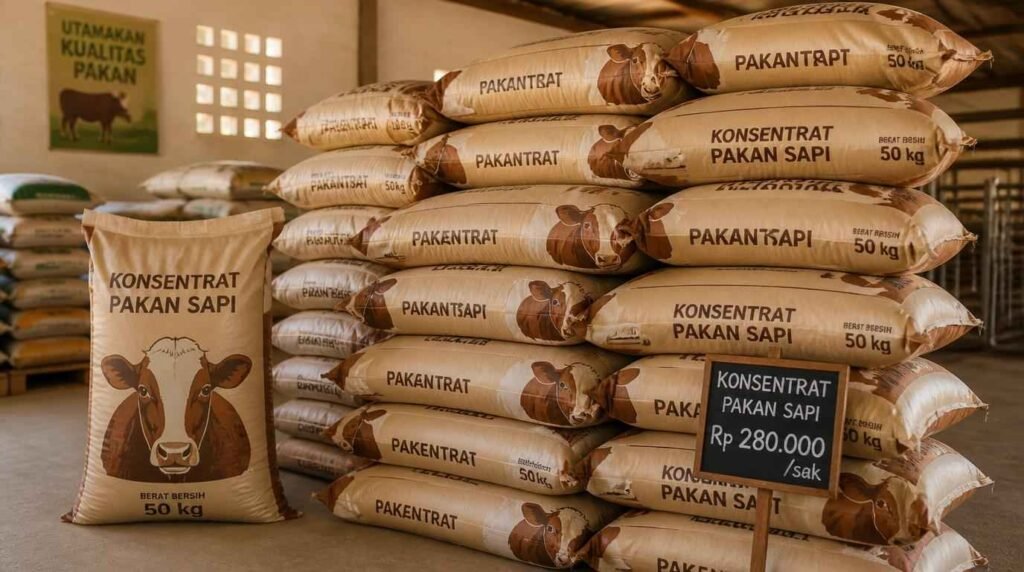 Karung konsentrat sapi perah JabFeed KAN Jabung di gudang pakan ternak