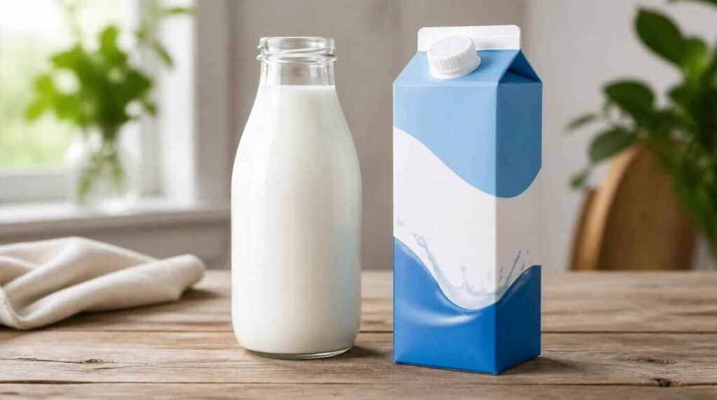 Susu sapi murni segar dalam botol kaca dibandingkan susu UHT kemasan karton