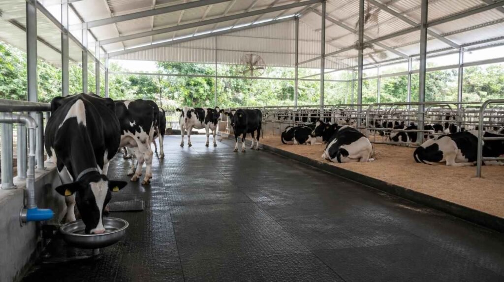 Desain kandang sapi perah modern yang memenuhi standar animal welfare dengan ventilasi dan ruang gerak cukup