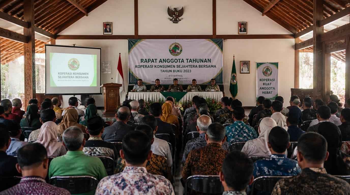Suasana rapat anggota tahunan koperasi syariah dengan anggota aktif berdiskusi