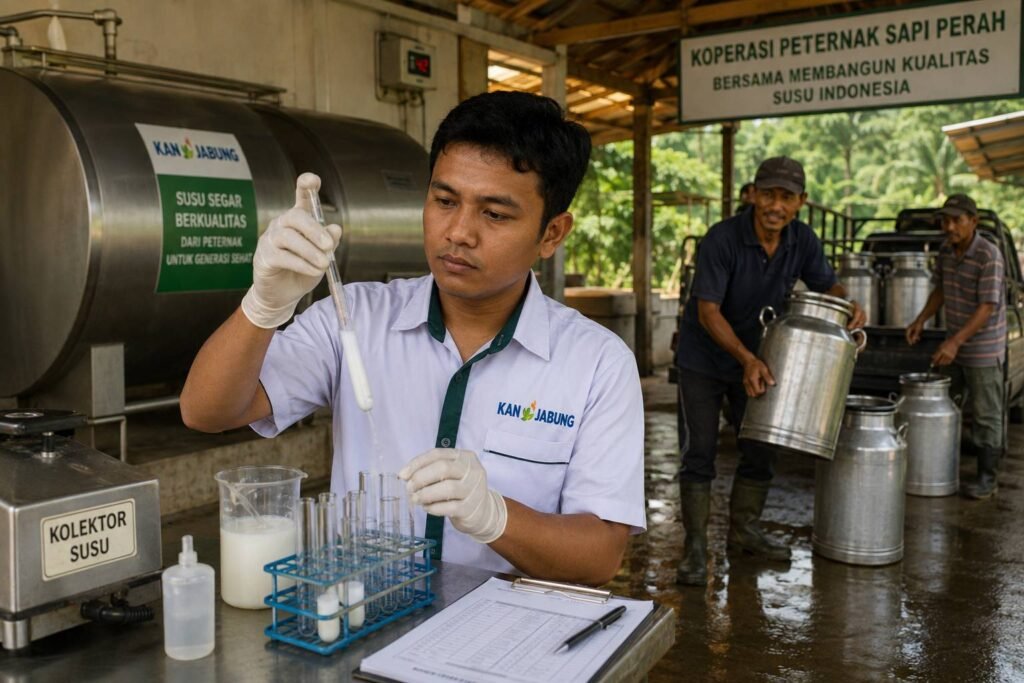 Petugas KAN Jabung memeriksa mutu susu di tempat pengumpulan susu