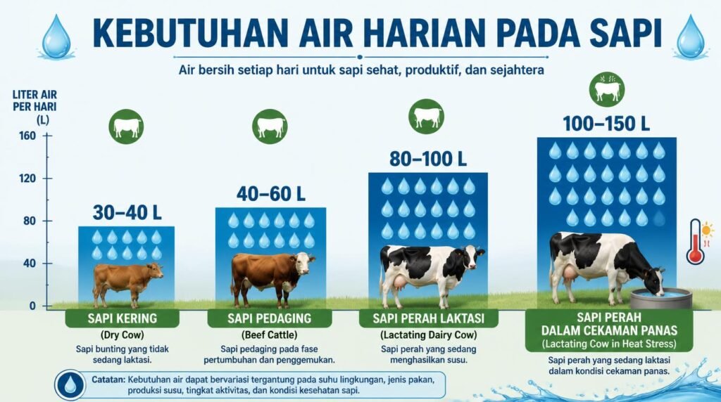 kebutuhan air minum sapi perah per hari berdasarkan kategori dan produksi susu