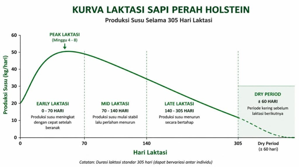 kurva laktasi sapi perah FH dan fase laktasi dari puncak hingga kering kandang