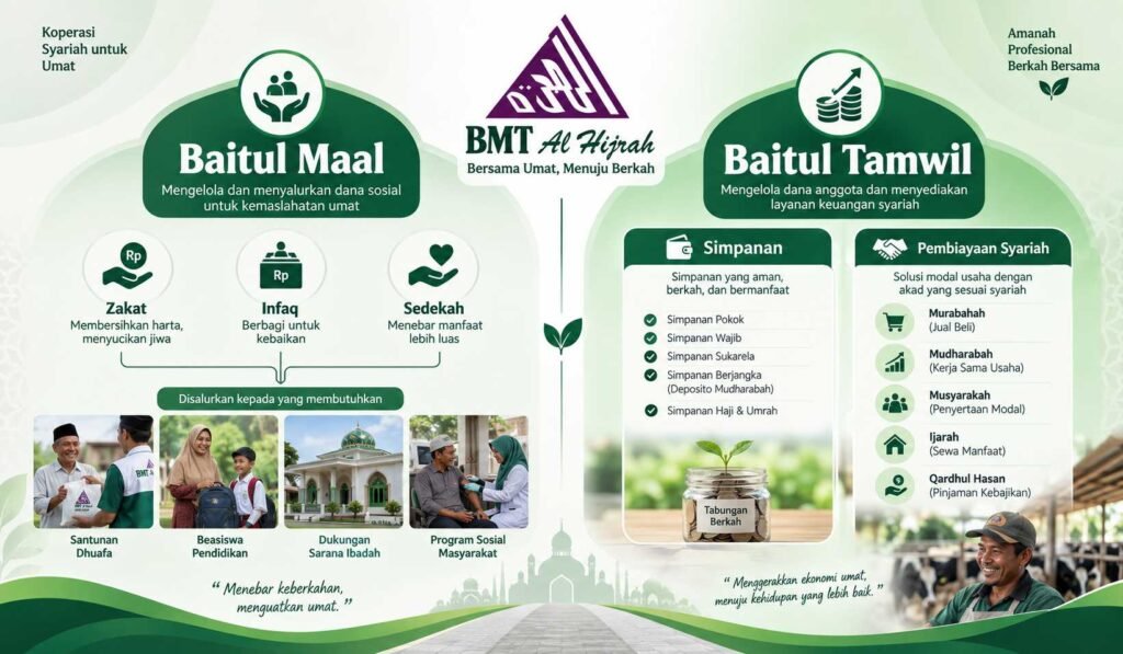 BMT Al Hijrah terdiri dari Baitul Maal pengelola ZIS dan Baitul Tamwil simpanan pembiayaan syariah
