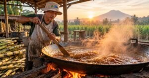 cara membuat gula merah dari nira tebu proses memasak di wajan besar