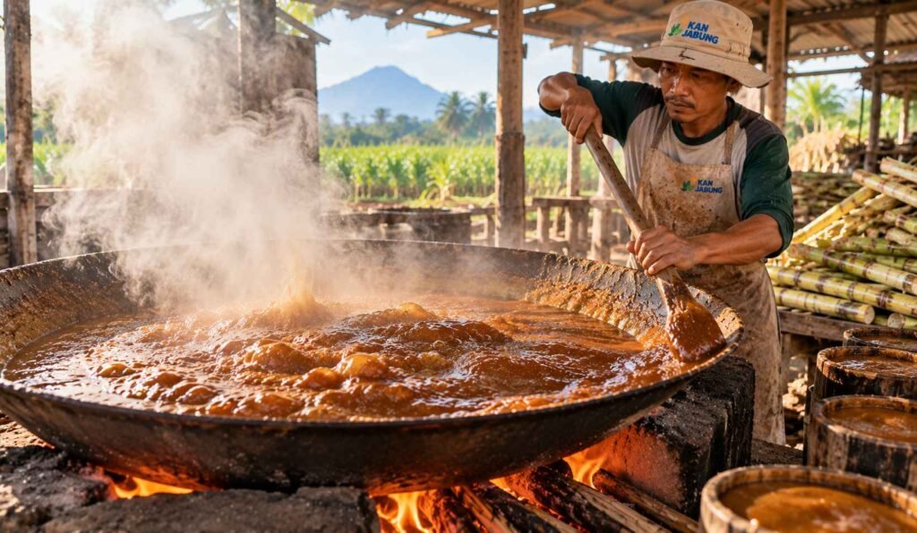 memasak nira tebu dalam wajan besar proses pembuatan gula merah cara membuat gula merah dari tebu
