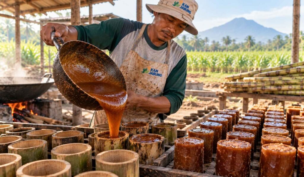 mencetak gula merah tebu dalam cetakan bambu hasil produksi KAN Jabung