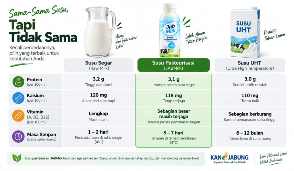 perbandingan nutrisi susu pasteurisasi UHT dan susu segar kandungan protein kalsium