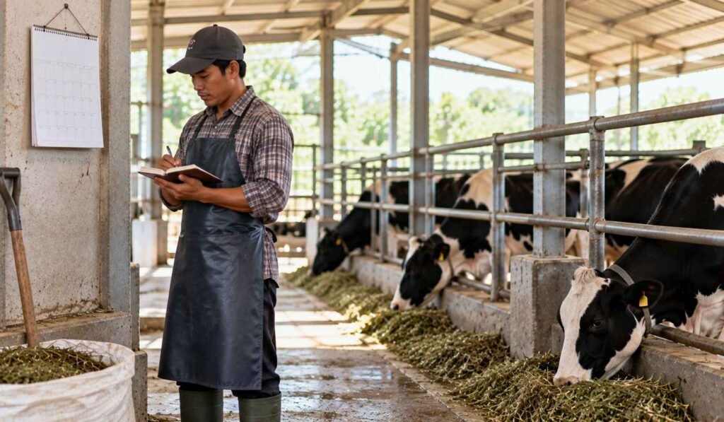 Peternak mencatat jadwal pengeringan sapi perah di kandang