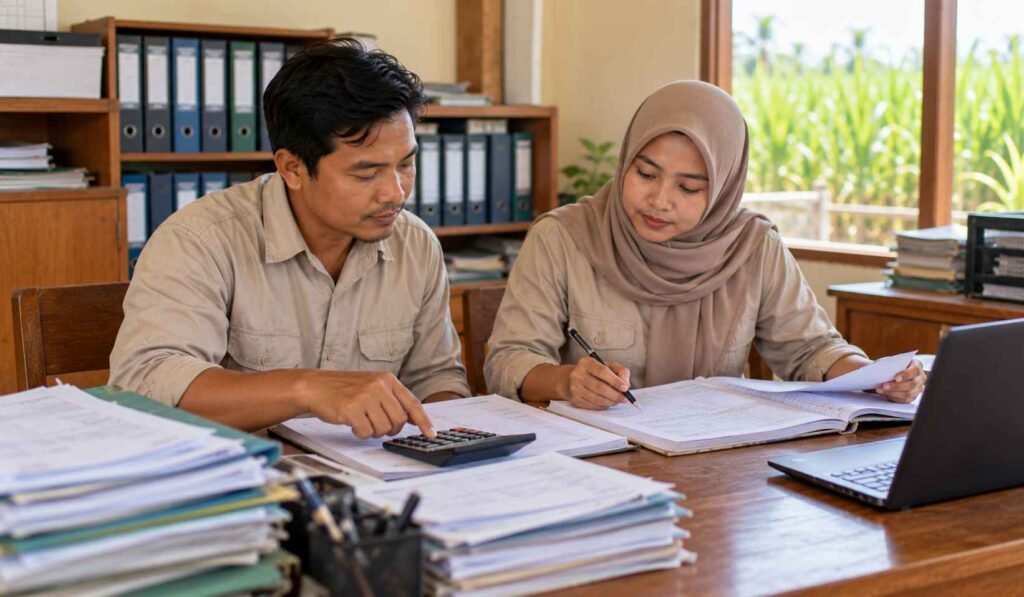 Pengurus koperasi menghitung bagian SHU anggota dengan kalkulator dan catatan transaksi
