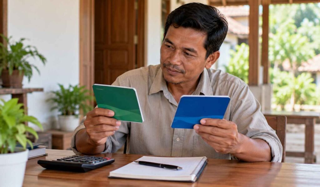 Dua buku tabungan dibandingkan di atas meja oleh seorang anggota koperasi