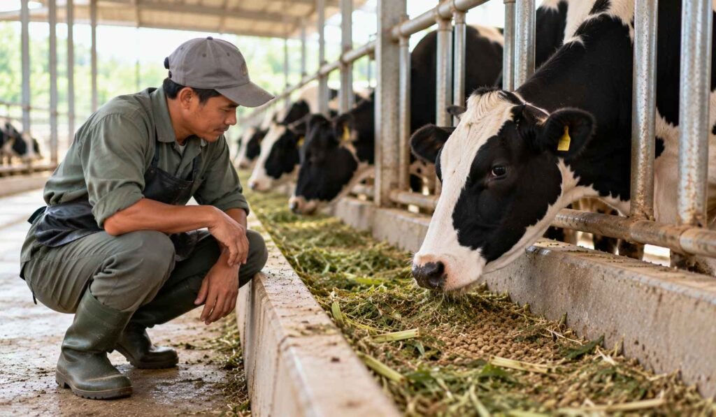 Peternak mengamati kondisi sapi perah yang makan tidak teratur di kandang