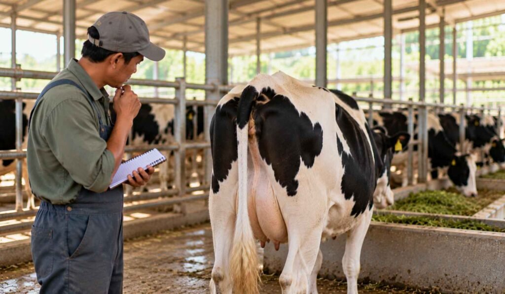 Peternak menilai kondisi tubuh sapi perah dari sisi belakang dan samping