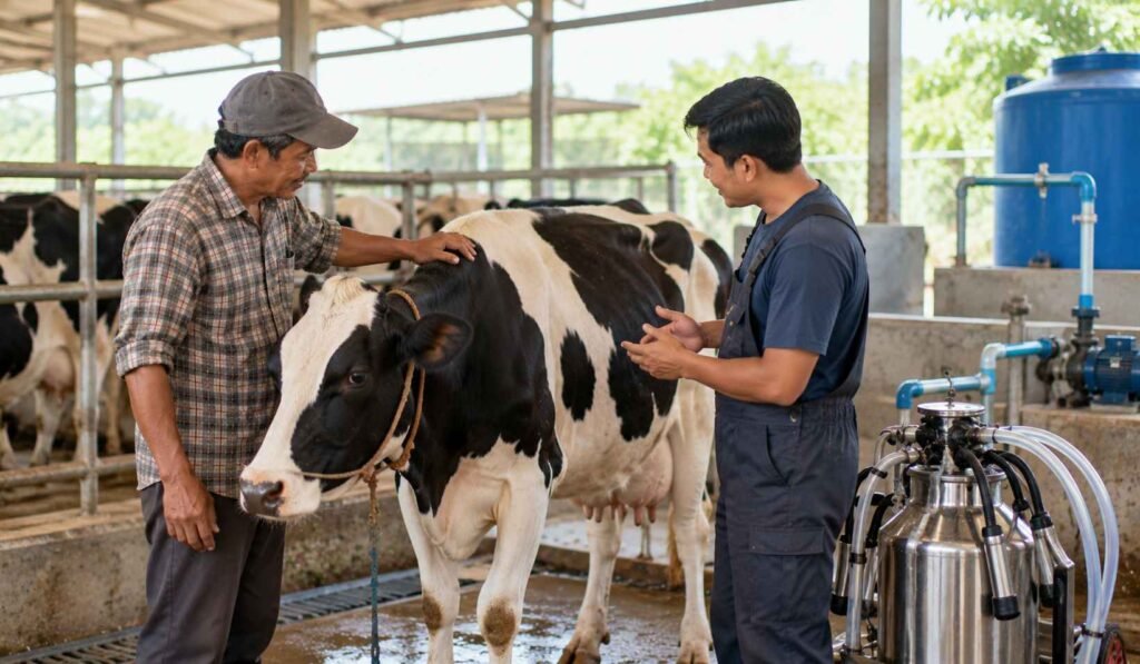 Peternak melihat sapi perah yang akan dibeli melalui pembiayaan murabahah