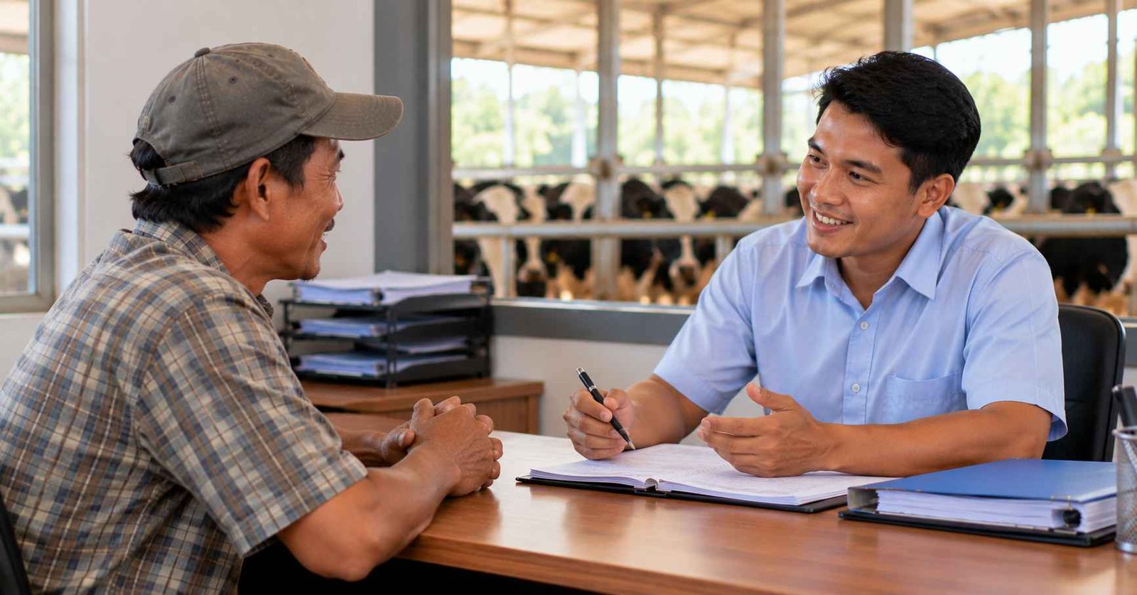 Anggota koperasi dan petugas BMT berdiskusi di meja layanan