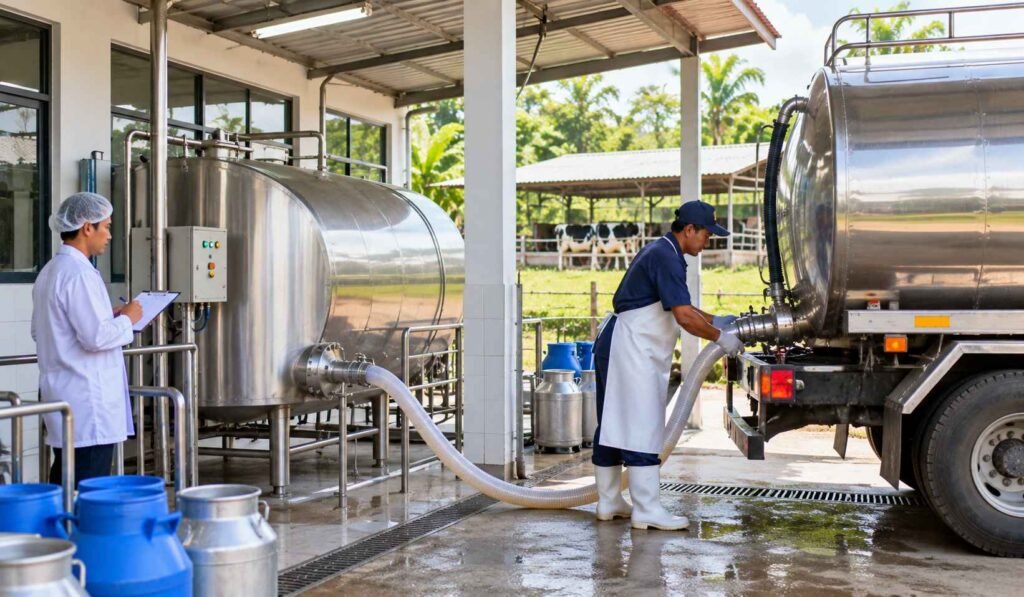 Truk tangki susu menerima susu segar dari tempat penampungan susu berpendingin