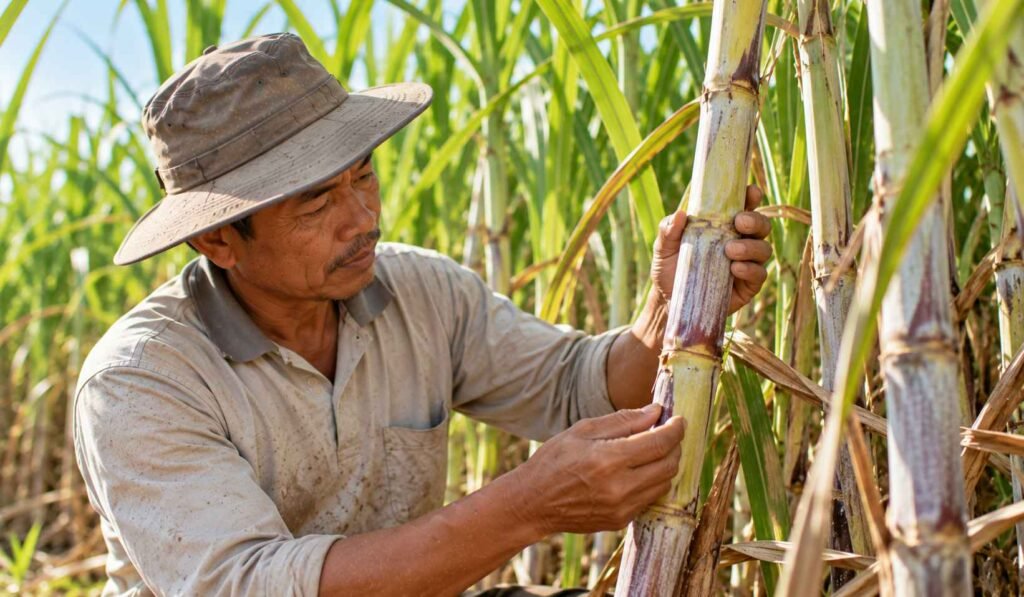 Petani tebu memeriksa batang tebu yang hampir siap ditebang