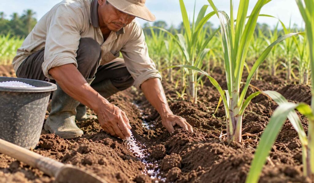 Petani tebu membenamkan pupuk di sela barisan tanaman