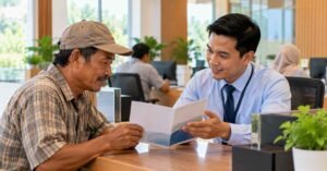 Petani membaca brosur deposito syariah di meja layanan bank