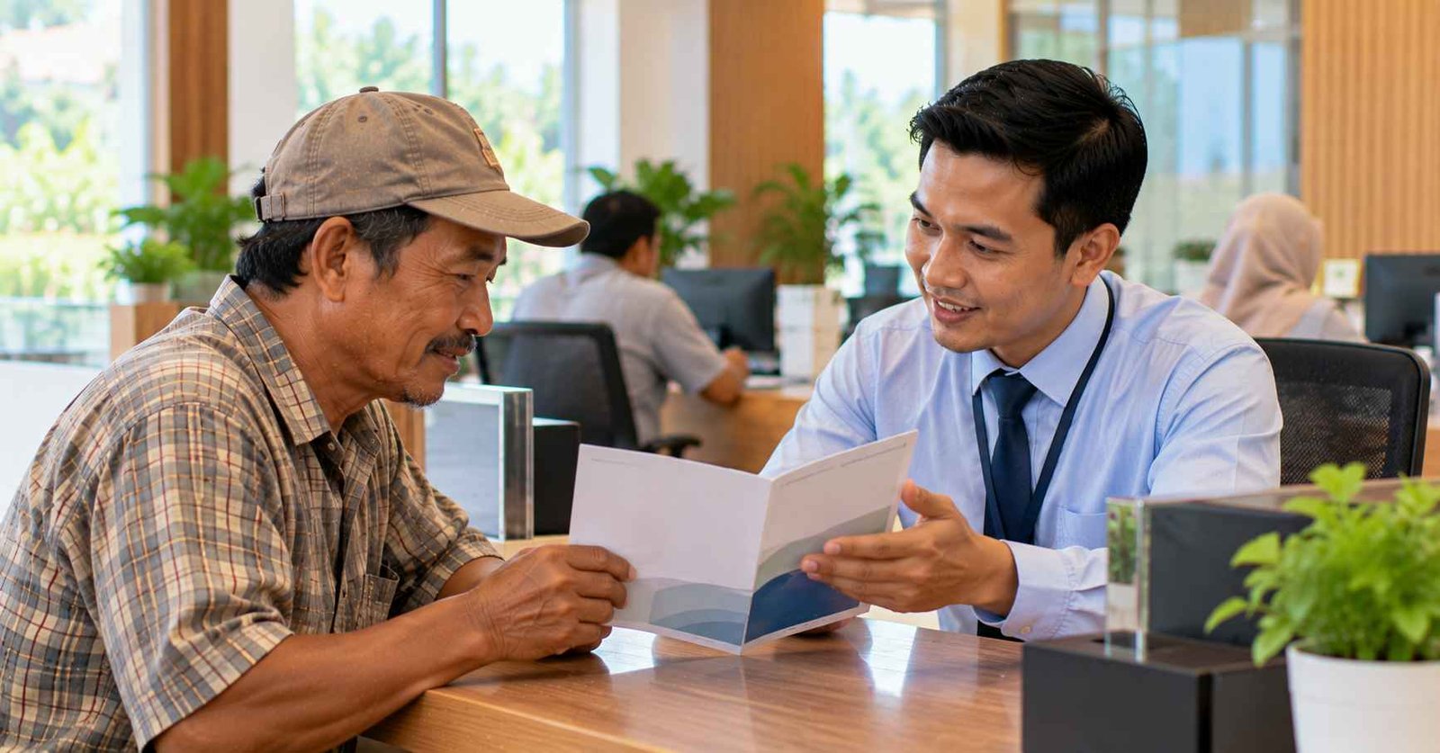 Petani membaca brosur deposito syariah di meja layanan bank