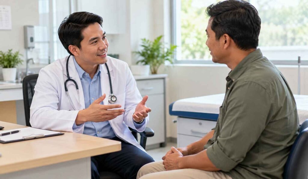 Dokter berbincang dengan pasien dewasa di ruang praktik