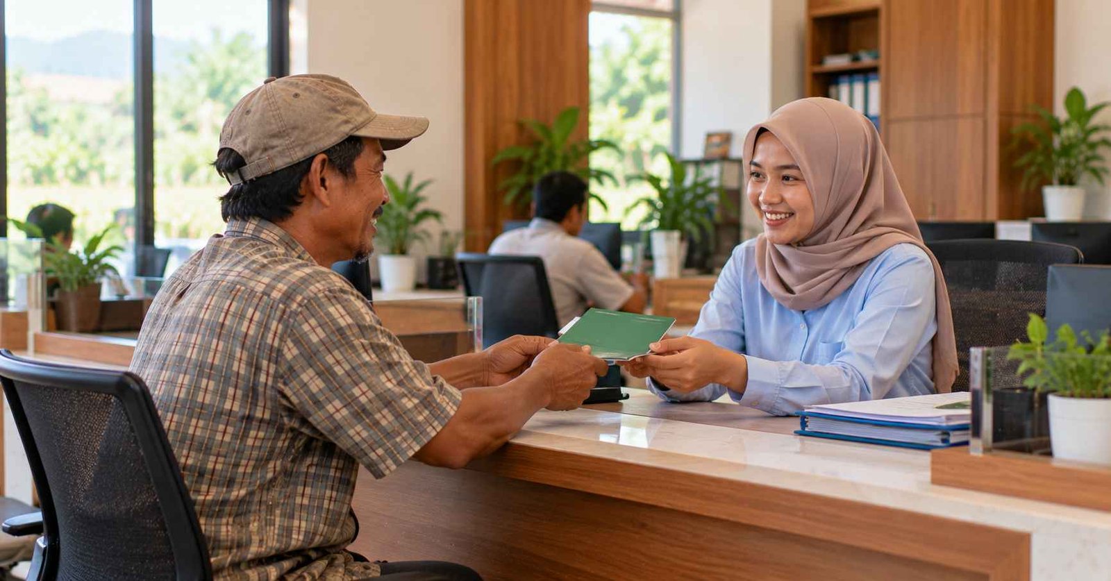 Anggota koperasi menyetor simpanan kepada petugas di meja layanan