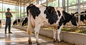 Sapi perah Holstein dilihat dari sisi belakang dan samping di kandang
