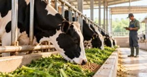 Sapi perah Holstein makan hijauan dan konsentrat di kandang
