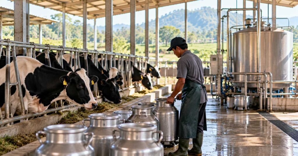 Peternak memerah sapi perah di kandang