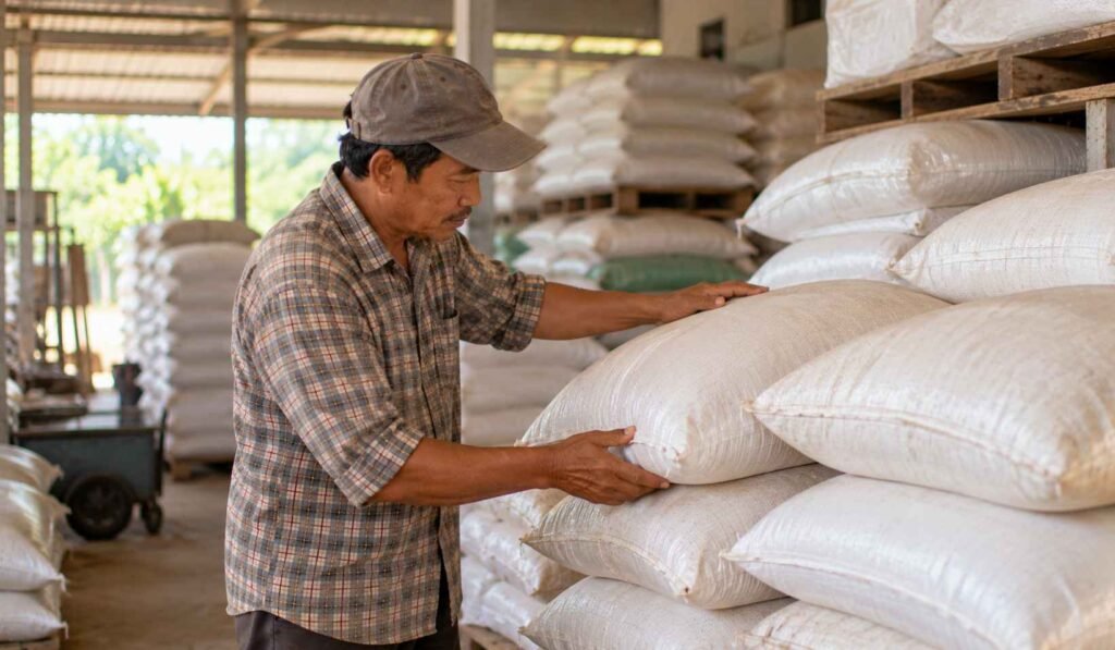 Petani tebu memeriksa karung pupuk Urea dan pupuk majemuk di gudang