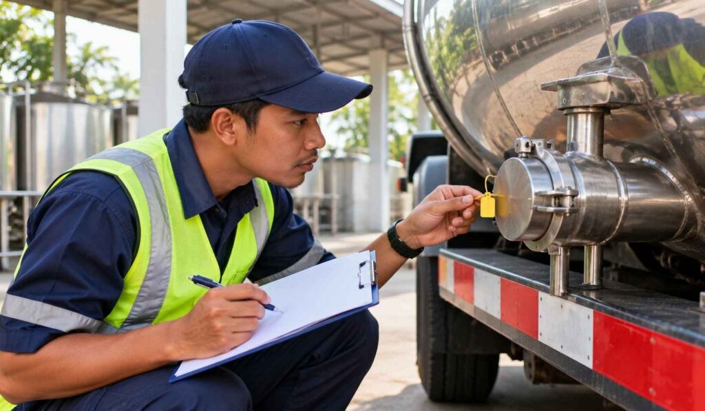 Pengemudi truk tangki susu memeriksa segel dan mencatat nota pengiriman