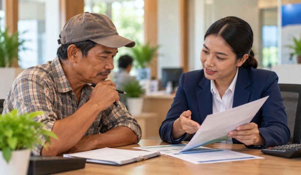 Petani membaca brosur deposito syariah di meja layanan bank