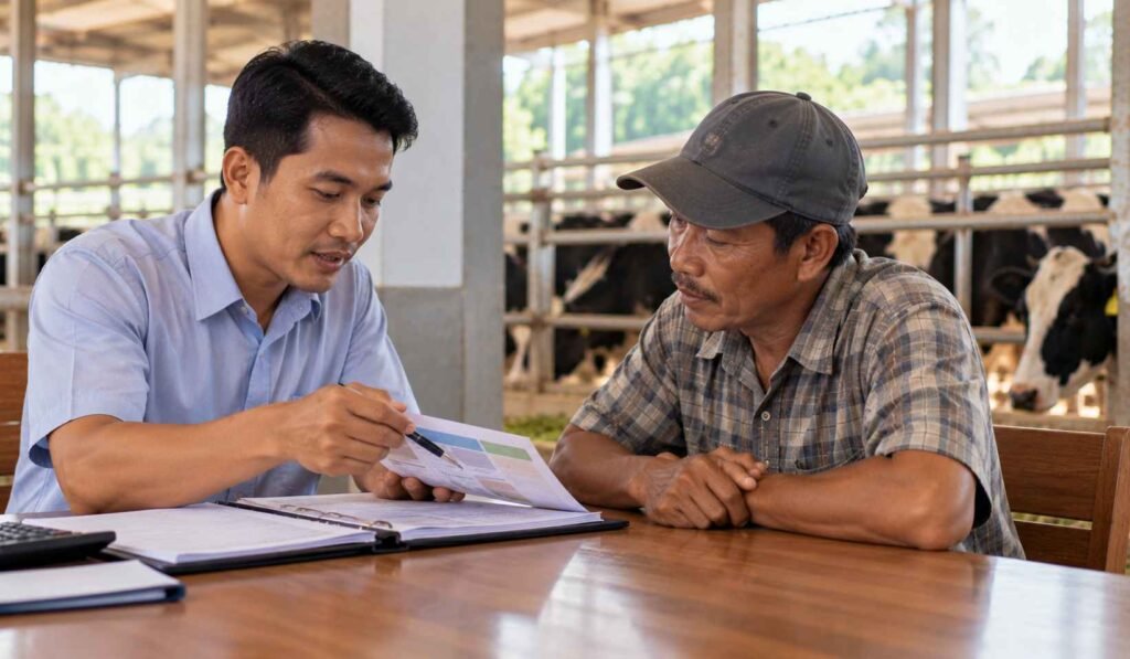 Peternak berdiskusi dengan petugas BMT tentang pembiayaan syariah