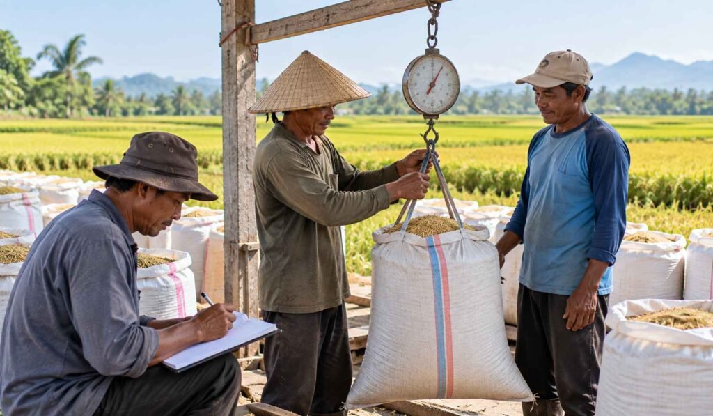 Petani menimbang hasil panen padi untuk menghitung zakat pertanian