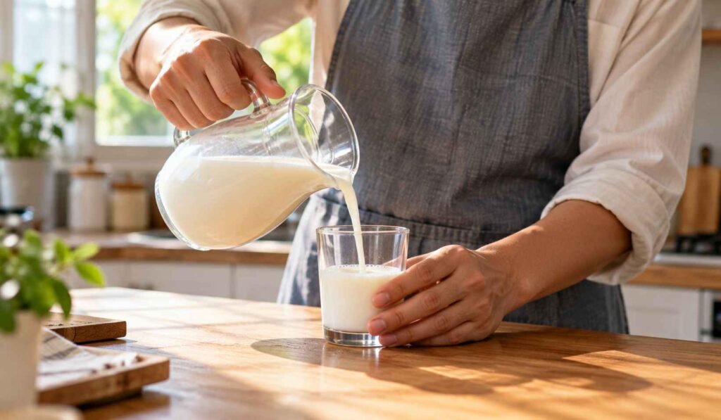 Seseorang menuang susu dalam porsi kecil ke gelas