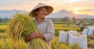 Petani padi di sawah saat panen dengan karung gabah