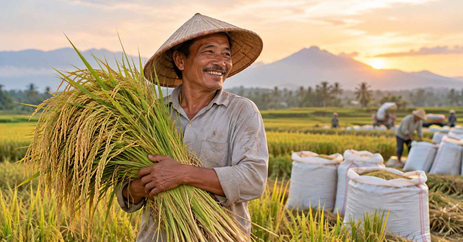 Petani padi di sawah saat panen dengan karung gabah