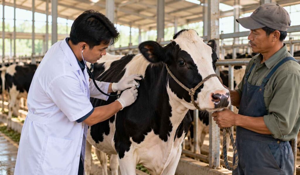 Dokter hewan memeriksa sapi perah bersama peternak di kandang