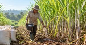 Petani tebu menebar pupuk di kebun tebu