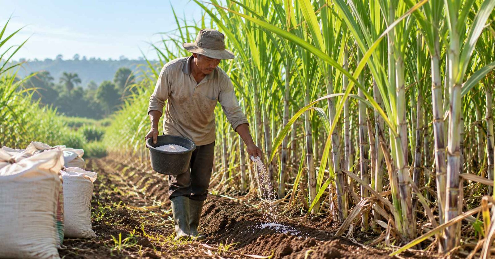 Petani tebu menebar pupuk di kebun tebu