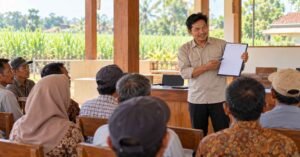 Pengurus koperasi menjelaskan laporan SHU kepada anggota
