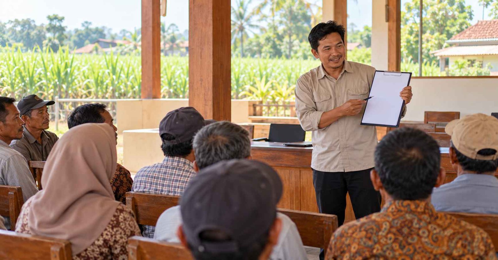 Pengurus koperasi menjelaskan laporan SHU kepada anggota