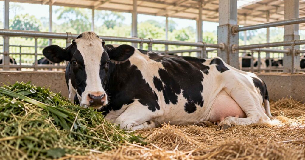 Hijauan dan konsentrat untuk sapi kering di palung pakan