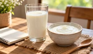 Segelas susu dan semangkuk yogurt di meja kayu
