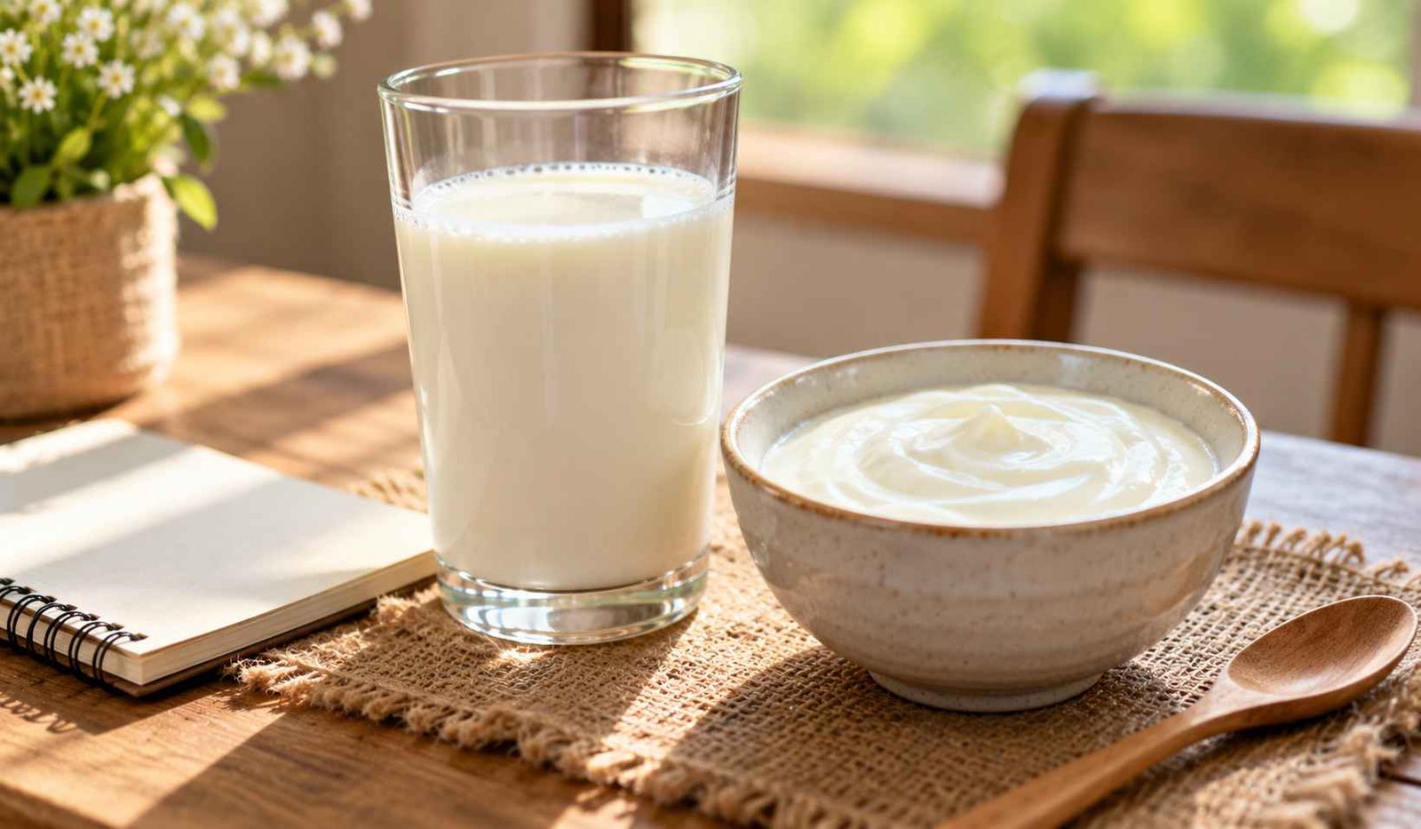Segelas susu dan semangkuk yogurt di meja kayu