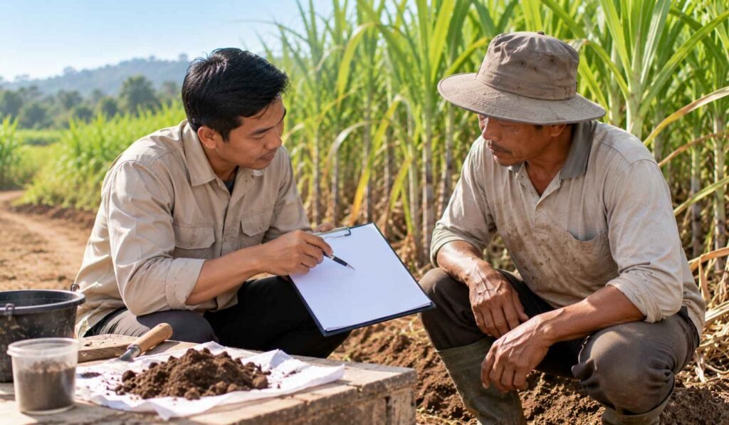 Penyuluh dan petani tebu membahas hasil analisis tanah di pinggir kebun