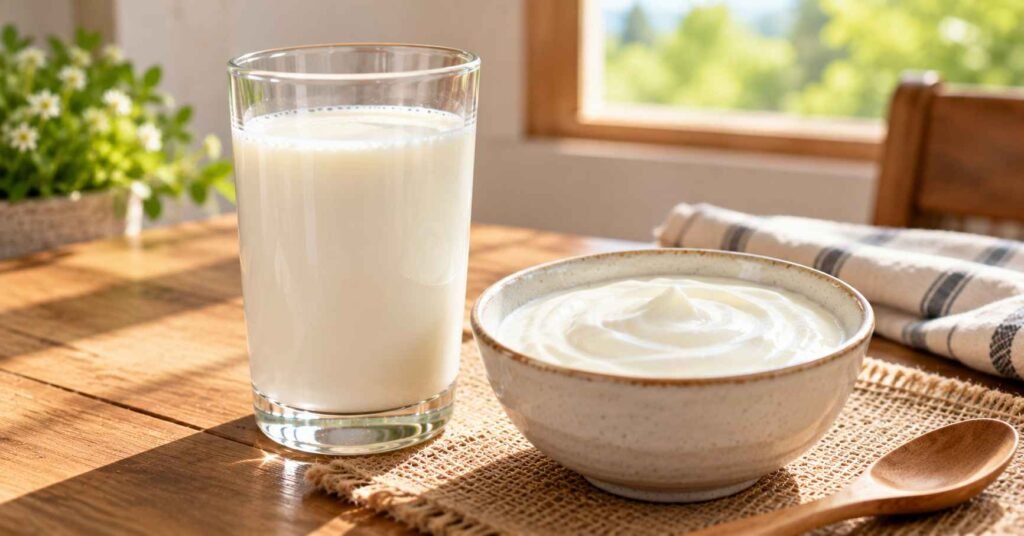 Segelas susu dan semangkuk yogurt di meja kayu