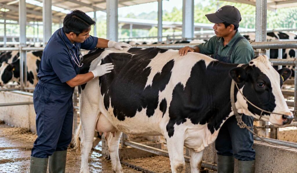 Dokter hewan dan peternak memeriksa kondisi sapi kering di kandang
